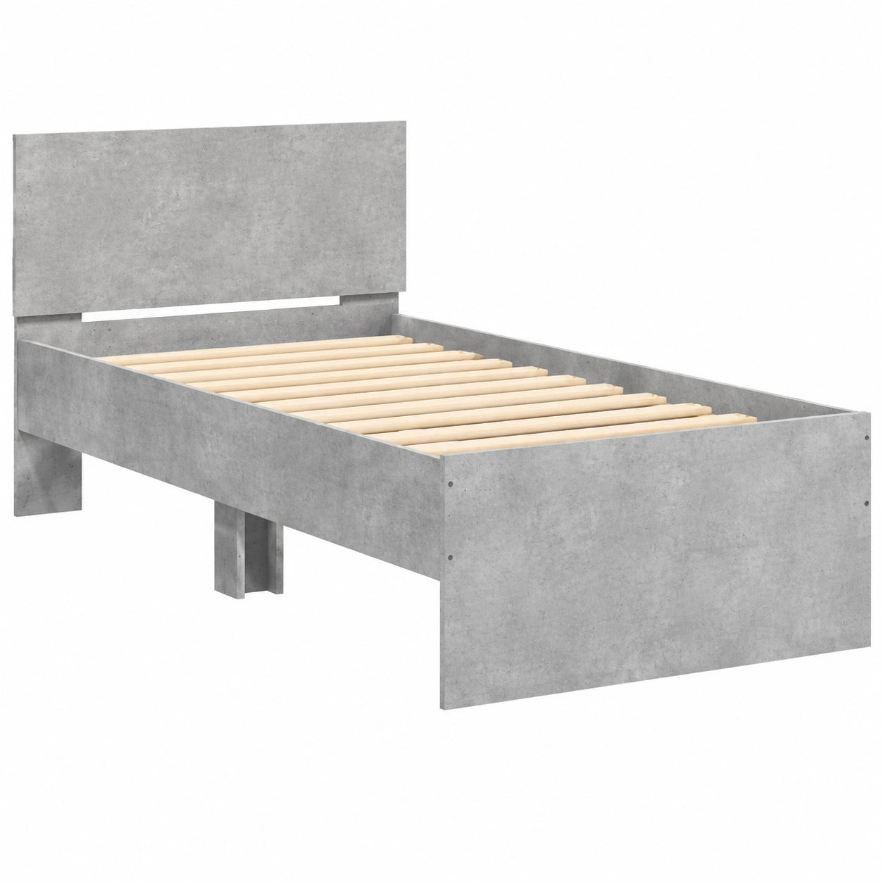 Einzelbett mit Kopfteil, Lattenrost und Betongrauem Finish, 90x190 cm, aus Holzwerkstoff