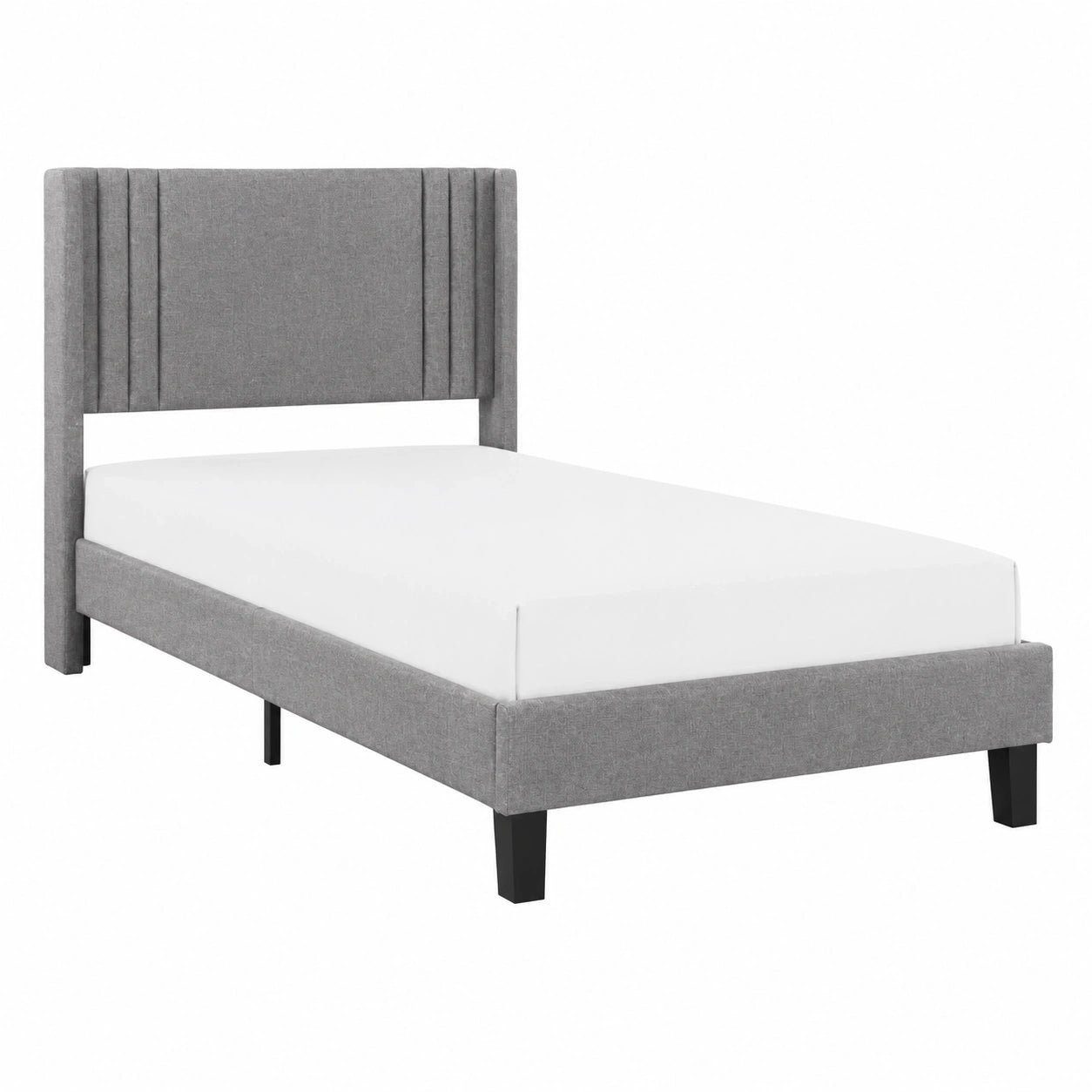 Gepolstertes Einzelbett 90x200 cm mit Stauraum und Kopfteil, Lattenrost aus Holz, Stoff-Liegenbett in Grau