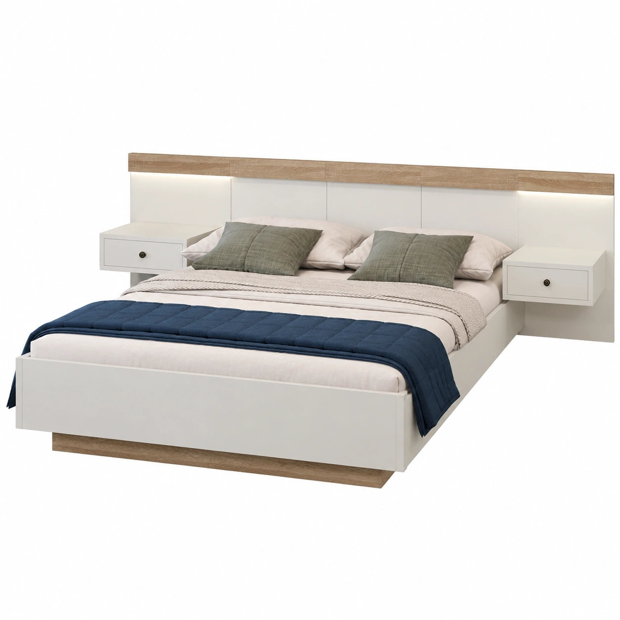 Modernes Schwebebett 140x200cm mit LED-Nachttischen und USB-C, Eiche Sonoma/Weiß