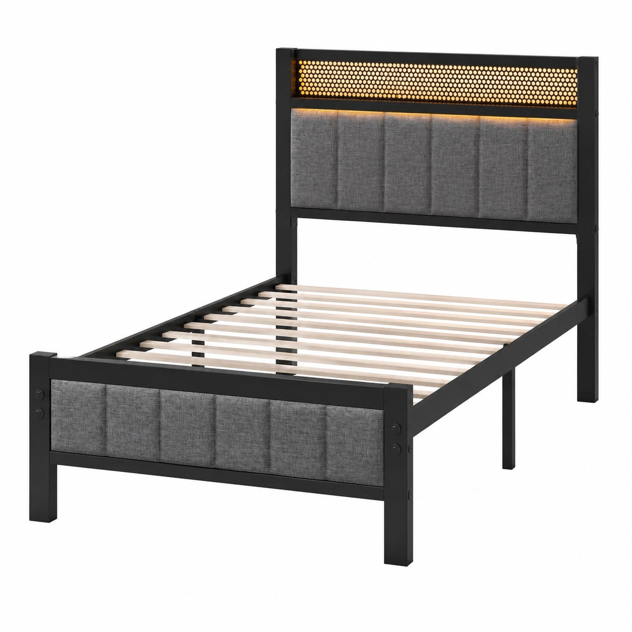 Metall-Einzelbett 90x200 mit LED und Ladestation, Polsterkopfteil, inklusive Lattenrost, Grau, ideal für Jugend- und Gästezimmer
