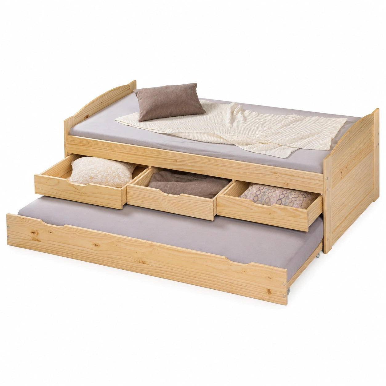 Kindertagesbett aus massiver Kiefer mit Stauraum und Lattenrost, 90x200 cm, Natur lackiert