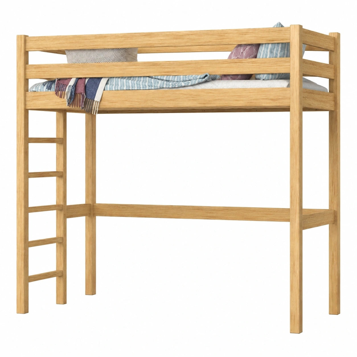 Naturkiefer Hochbett 100x200 cm, Einzelbett mit variabler Leiterposition, sichere abgerundete Kanten, stabile Massivholzkonstruktion inkl. Lattenrost