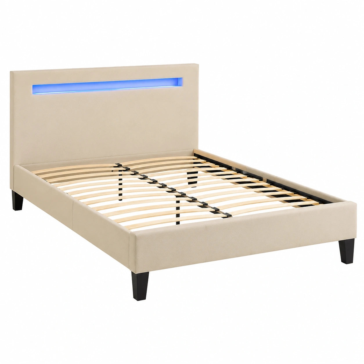 Modernes Samt-Polsterbett mit LED-Beleuchtung, 120x200 cm, Cremeweiß