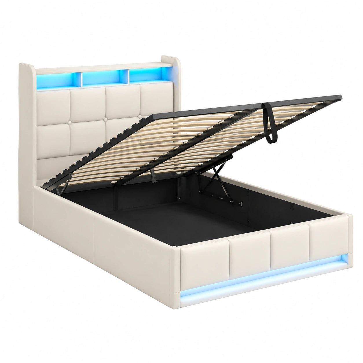Modernes Polsterbett 90x200 cm mit LED, Stauraumkopfteil und USB-Anschlüssen