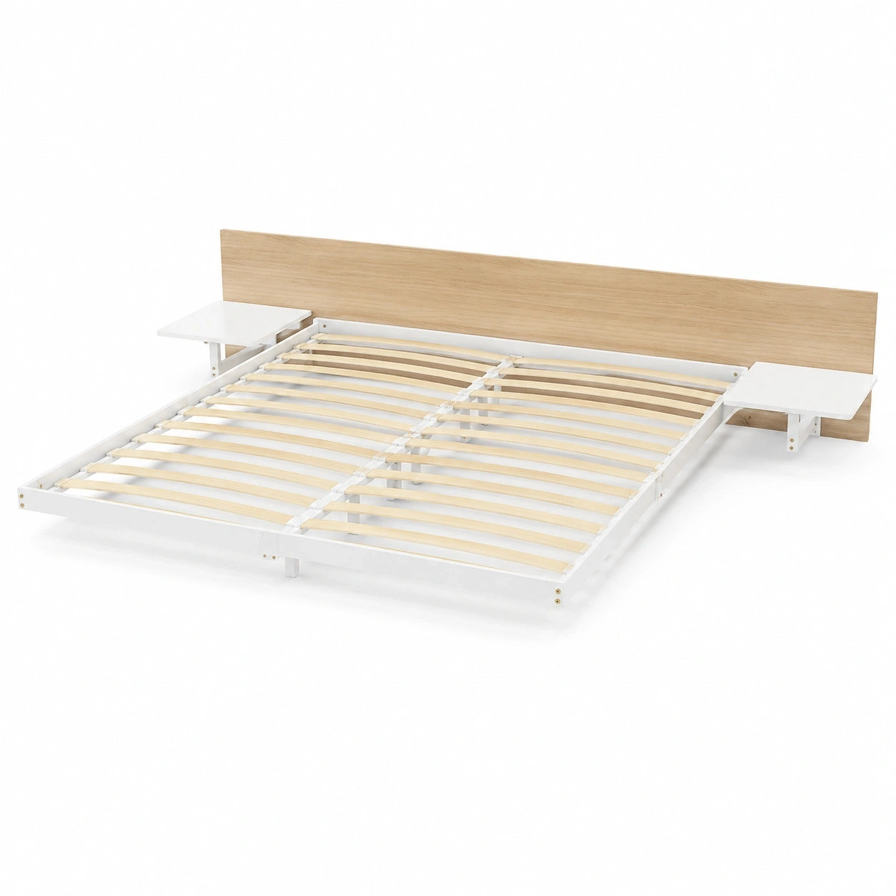 Schwebendes Metallbett mit LED, USB-Ladestation und Stauraumregalen, 160x200 cm, Weiß
