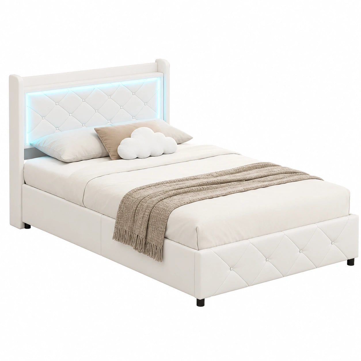 Komfortables Polsterbett 90x200 cm mit LED und USB-Anschluss, Stauraum, inkl. Kopfteil und Lattenrost, Samtbezug in Beige