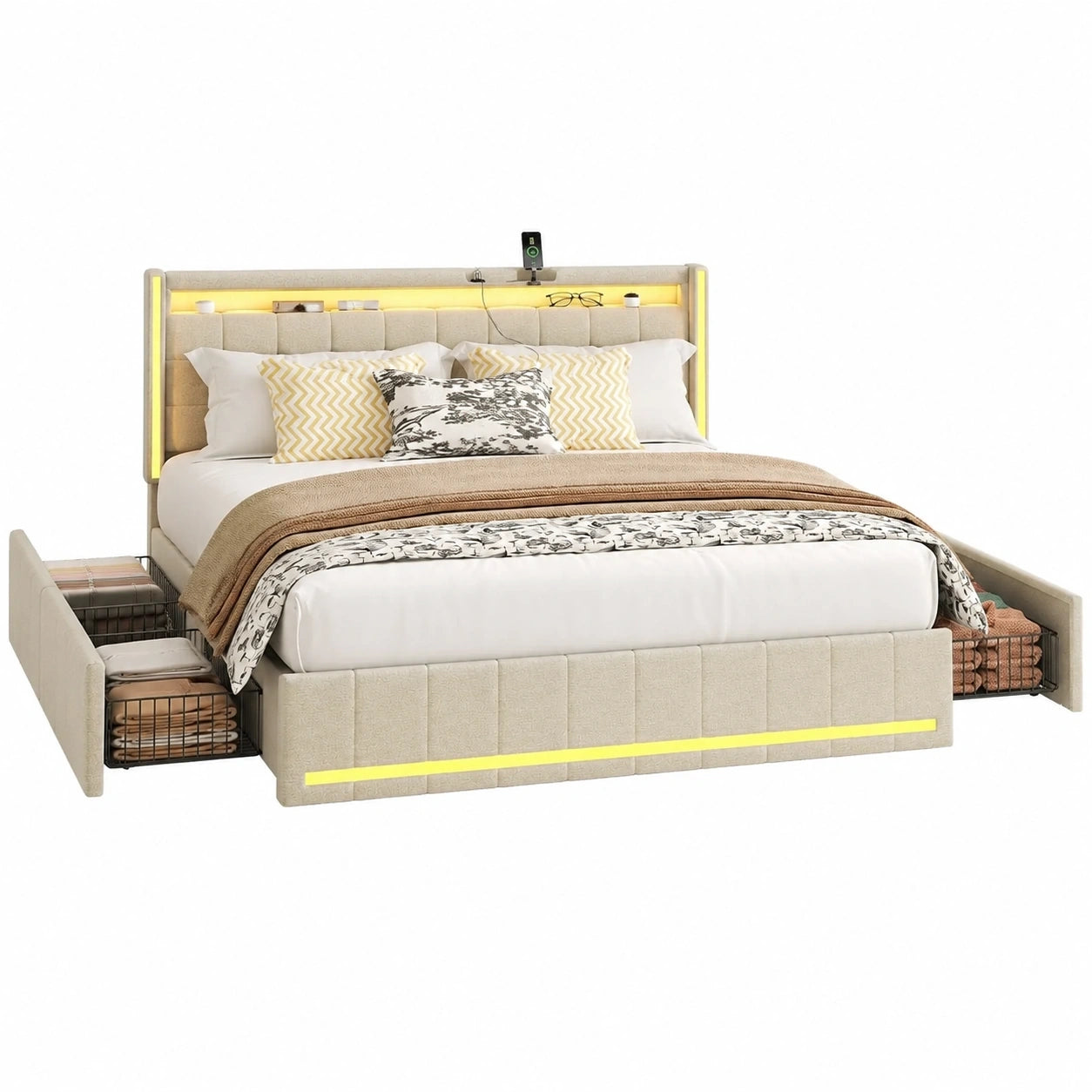 Modernes Polsterbett 140x200cm mit LED, USB-C Ladefunktion und Stauraum, inklusive Lattenrost, Beige