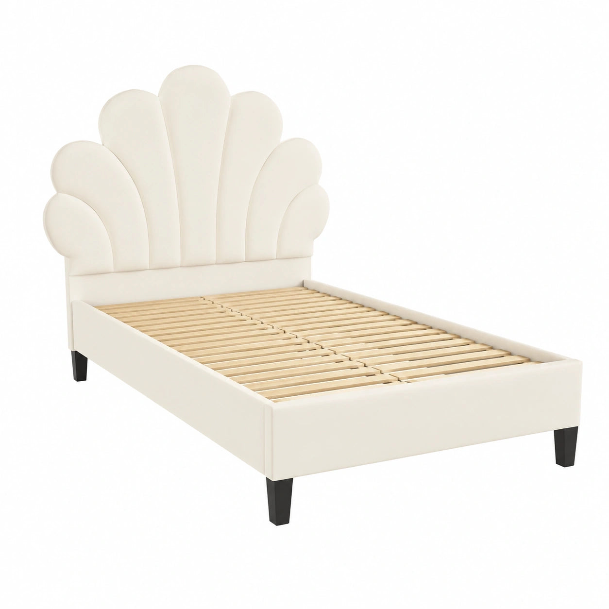 Höhenverstellbares Kinder-Polsterbett 90x200 cm mit Blumen-Kopfteil, Jugendbett aus Massivholz und Samt inklusive Lattenrost
