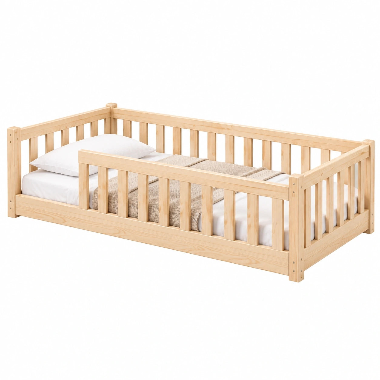 Kinder Bodenbett 90x200 cm mit Rausfallschutz, Matratze und Lattenrost aus Naturholz, für 4-18 Jahre