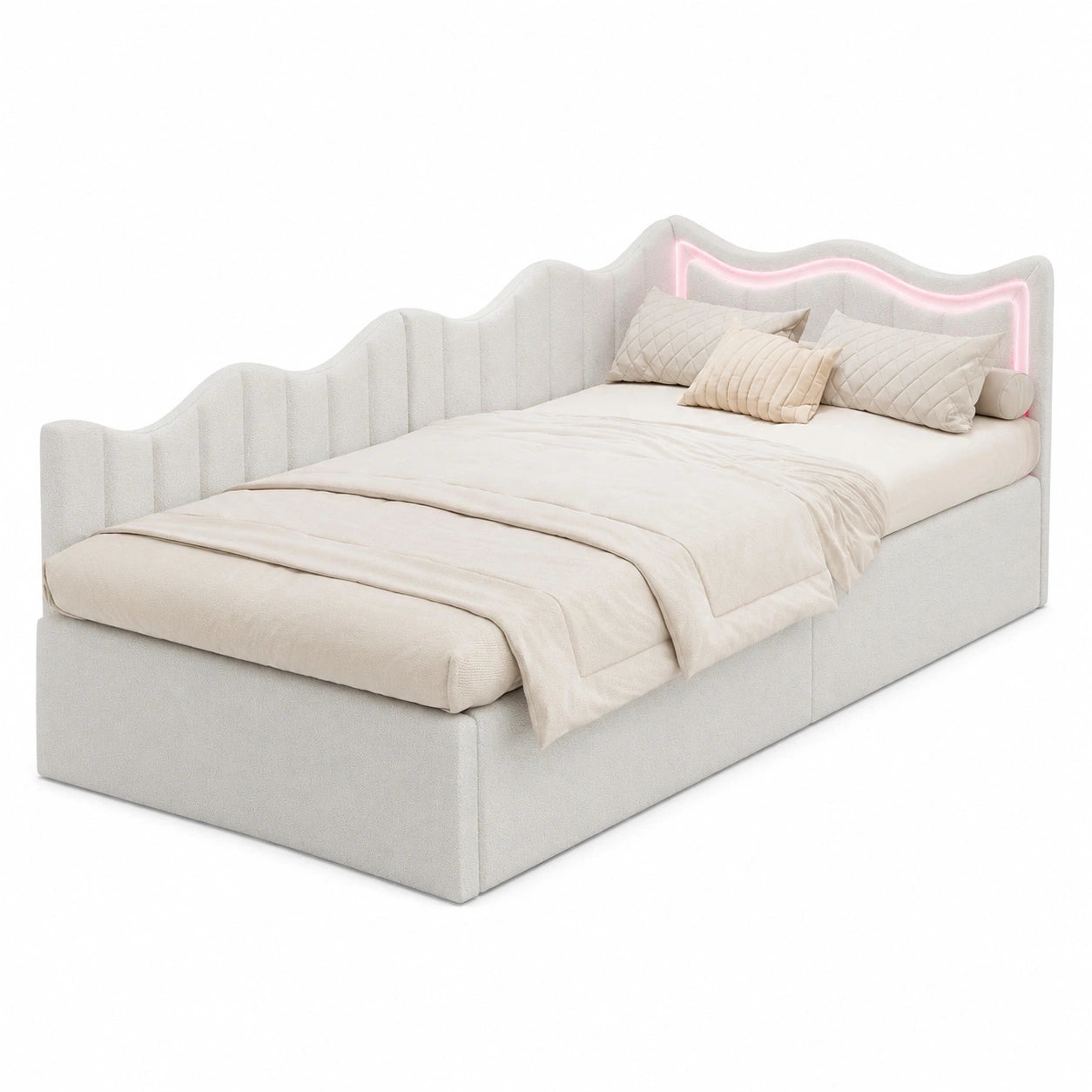 Einzelbett 90x200 mit Stauraum und LED, Wellendesign Kopfteil, Fleece, inklusive Lattenrost, für Kinderzimmer, Weiß