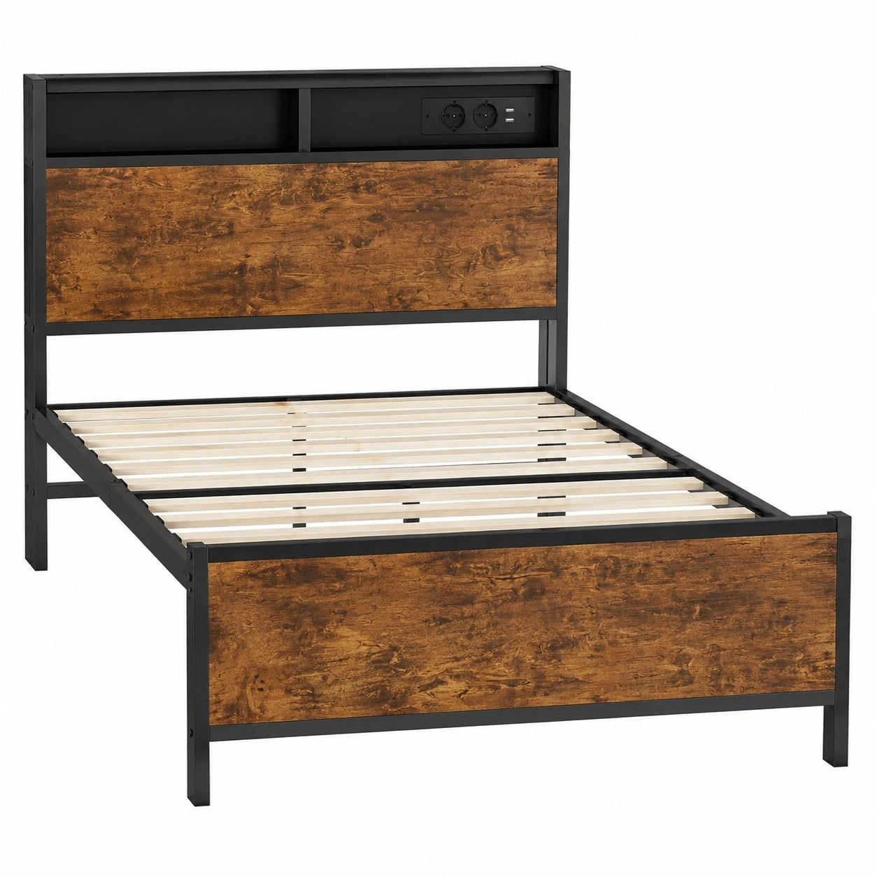 Einzelbett 90x200cm mit LED, USB und Stauraum, Metallgestell mit Holzkopfteil