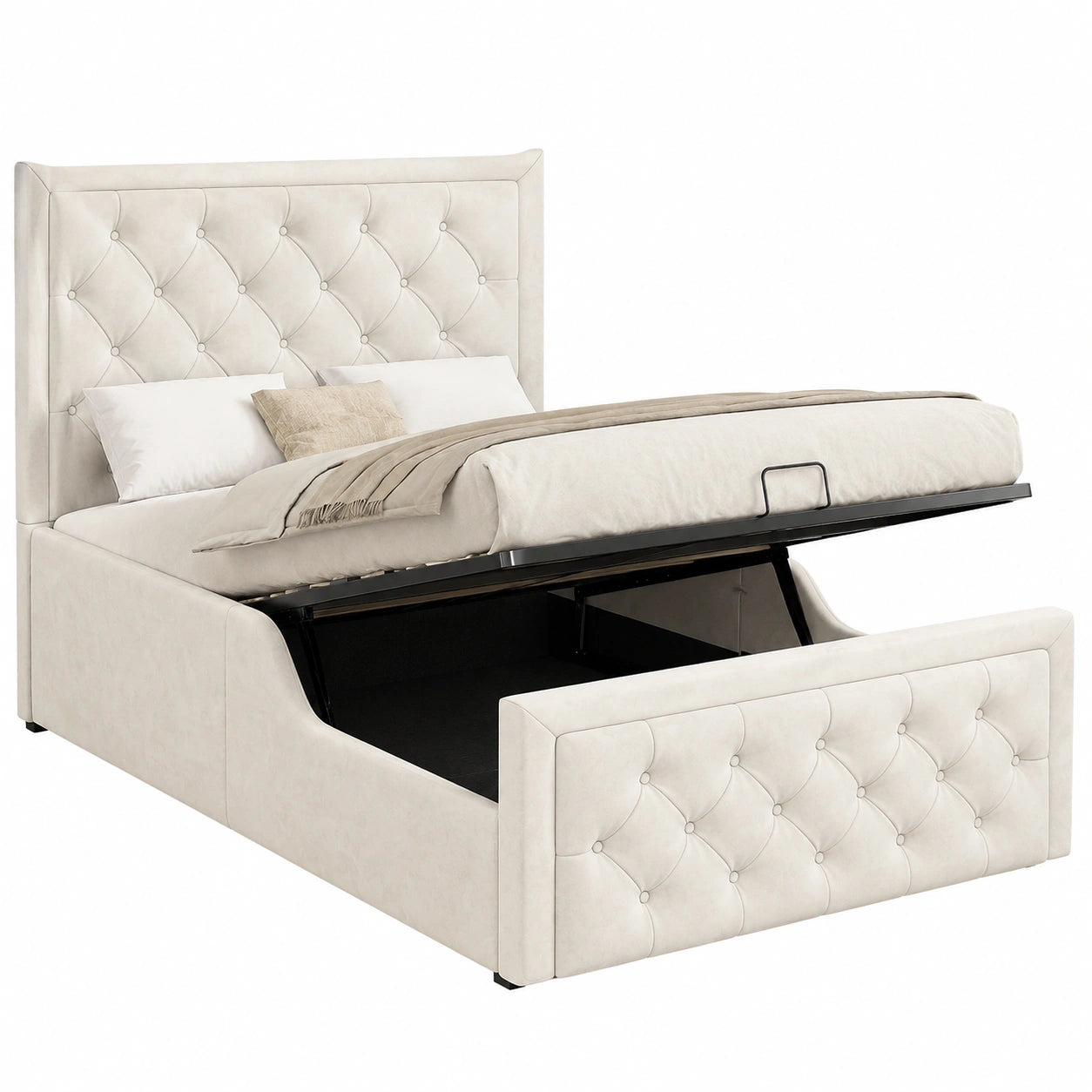 Hydraulisches Stauraumbett 90x200 cm für Kinder, mit gepolstertem Kopfteil, Jugendbett aus Samt in Beige, inkl. Lattenrost