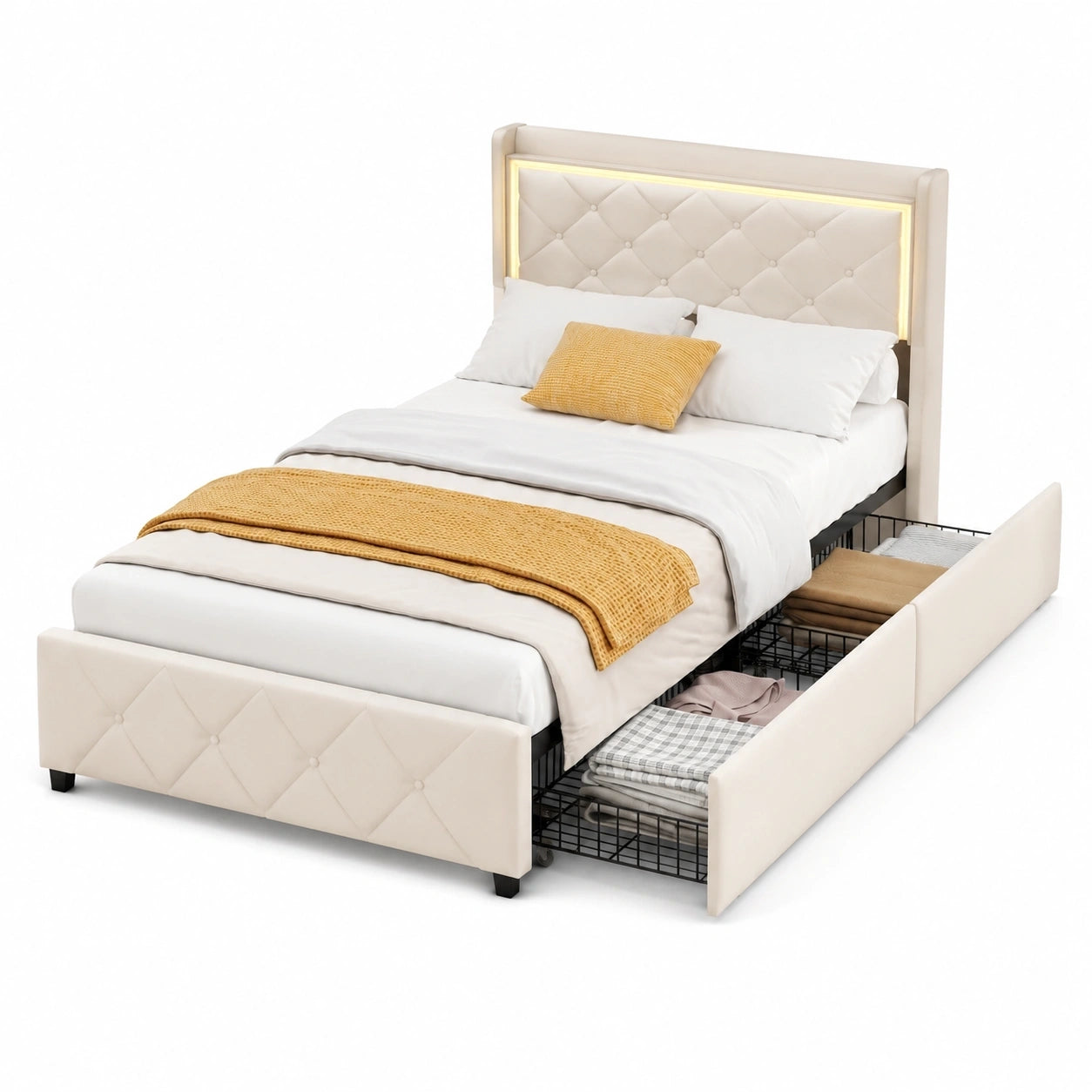 Einzelbett Polsterbett 90x200 cm mit Stauraum und LED, Multifunktionales Kopfteil & 2 Schubladen, Bettgestell mit Lattenrost, Beige, Ohne Matratze