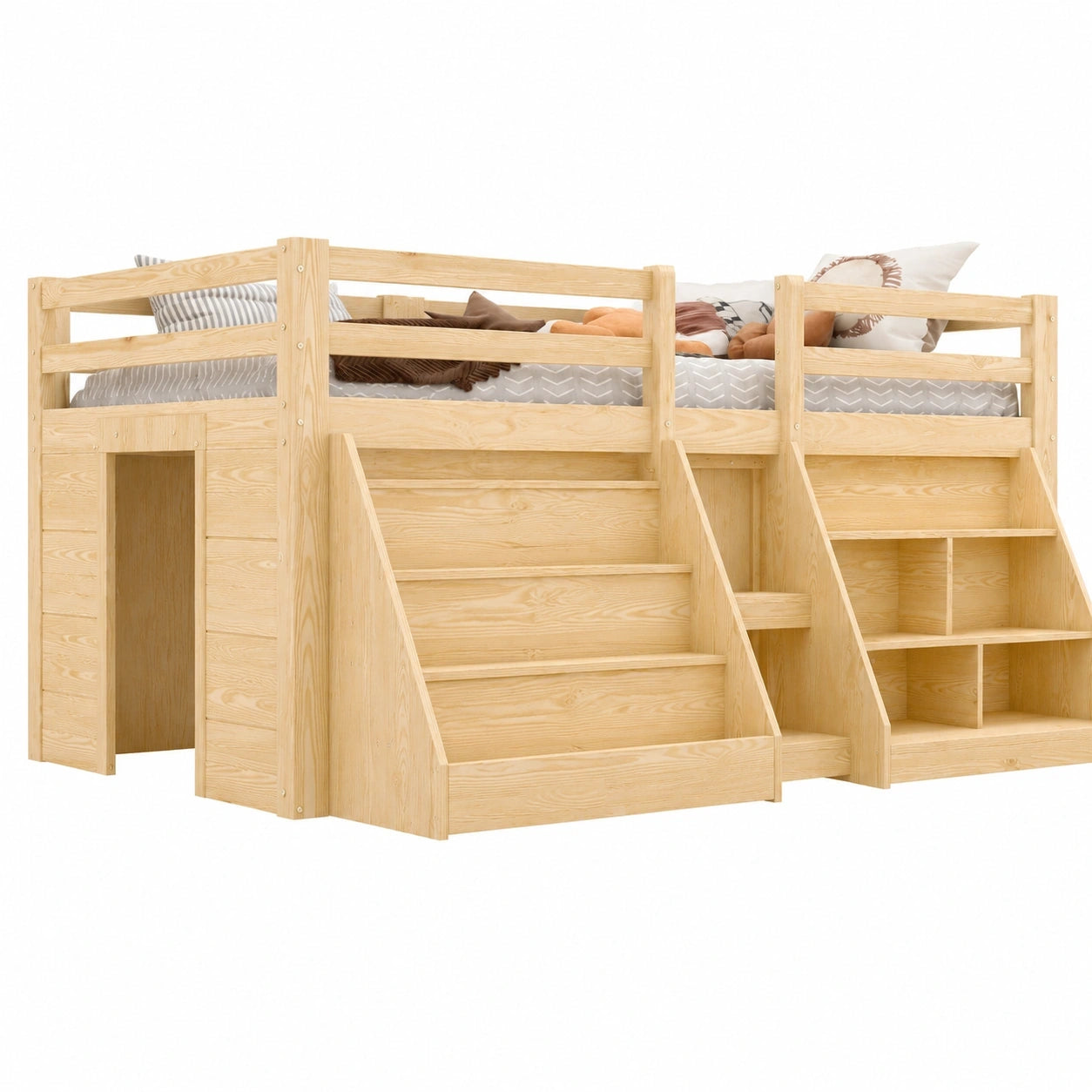 Hochbett für Kinder 90x200 mit LED, Treppe & Schrank, Massivholz Stauraumbett mit Fallschutz & Lattenrost, Natur