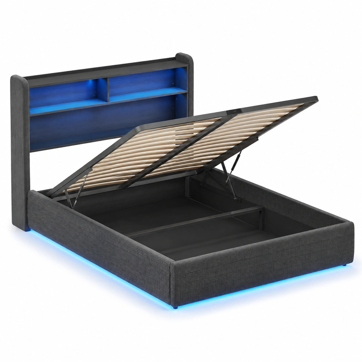 Polsterbett 90x200 für Jugendliche mit LED, Stauraum und Ladestation, Dunkelgrau