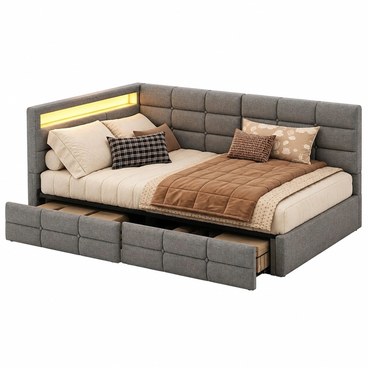 Modernes Jugendbett 90x200 cm mit LED, USB-Ladefunktion und Stauraum, graues Leinen