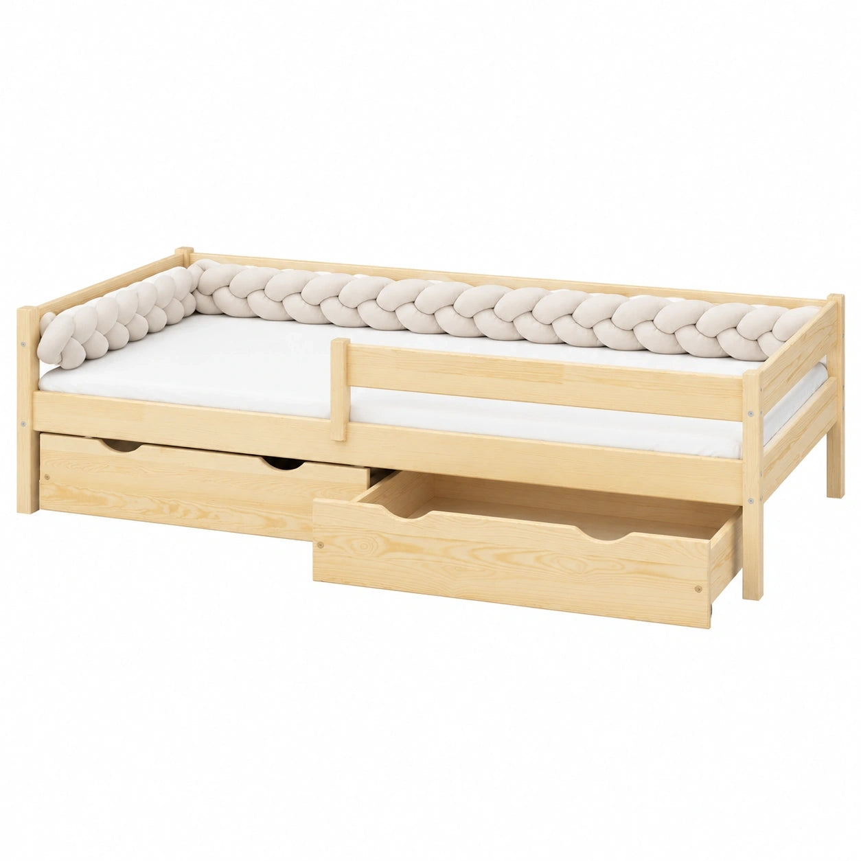 Montessori Kinderbett aus Kiefernholz, 90x190 cm, mit Schubladen und Rausfallschutz
