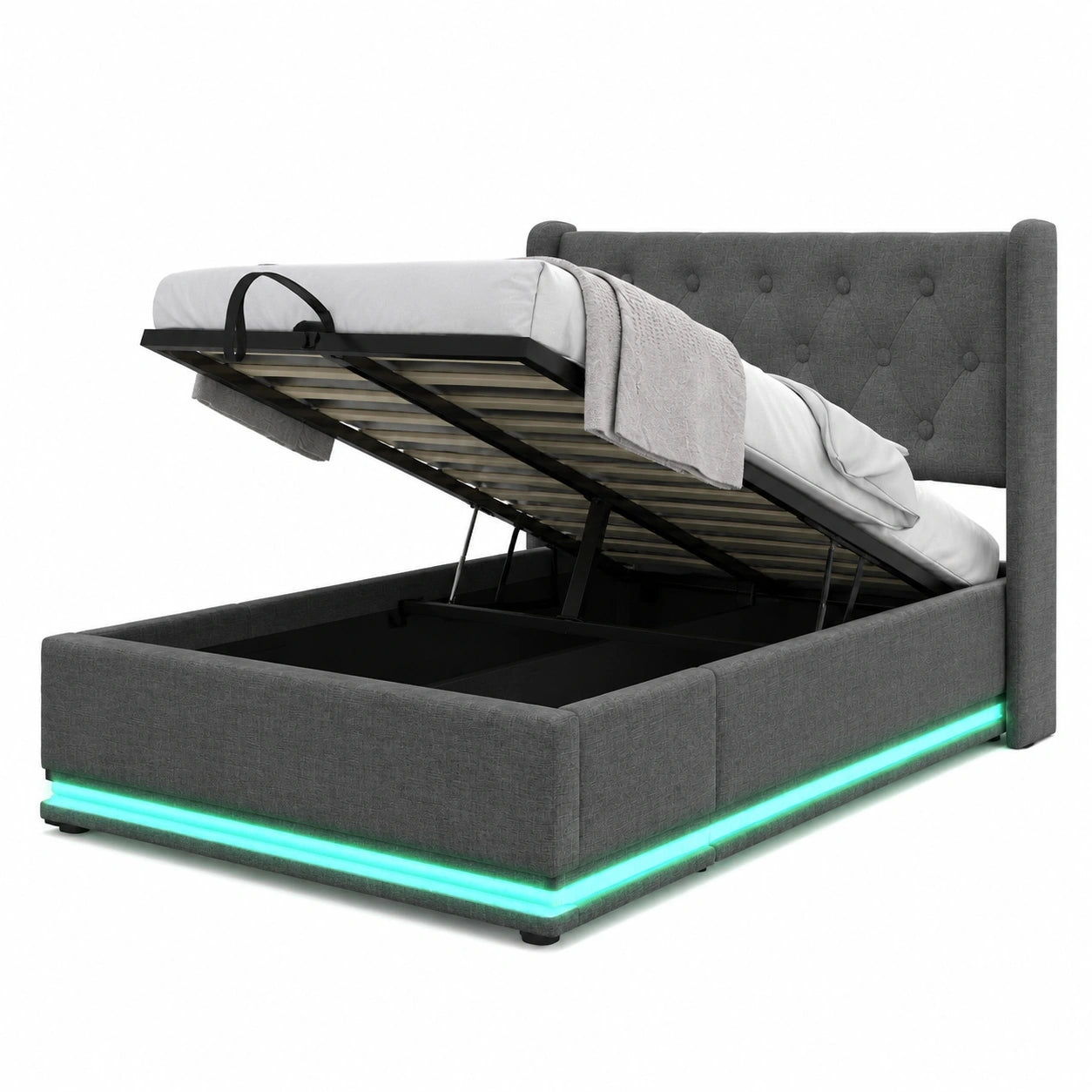 Einzelbett 90x200 mit LED, Stauraum und USB-C, Grau