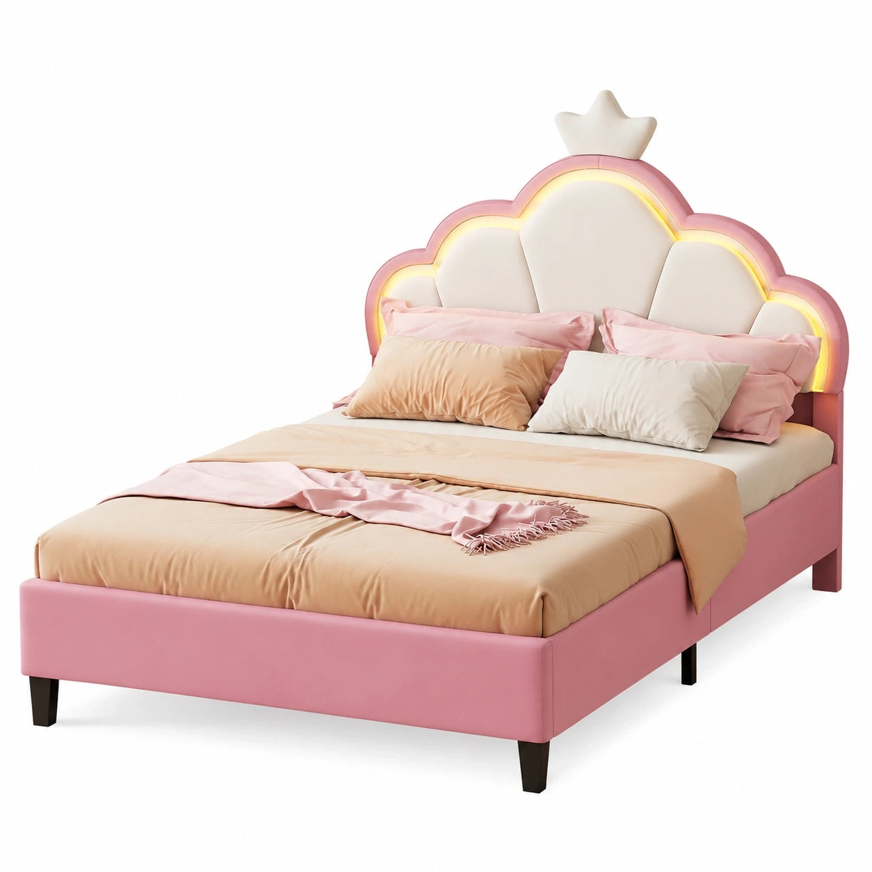 Prinzessinnenbett 140x200 cm Rosa mit LED & Wolkenkopfteil