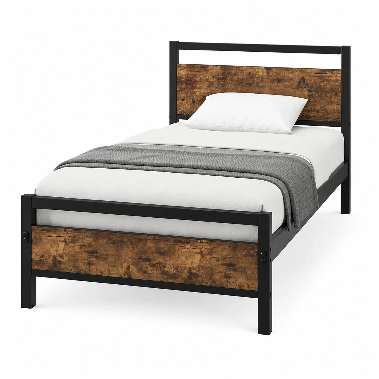 Metall-Holz Einzelbett 90x200 mit Lattenrost, Jugendbettgestell Braun/Schwarz