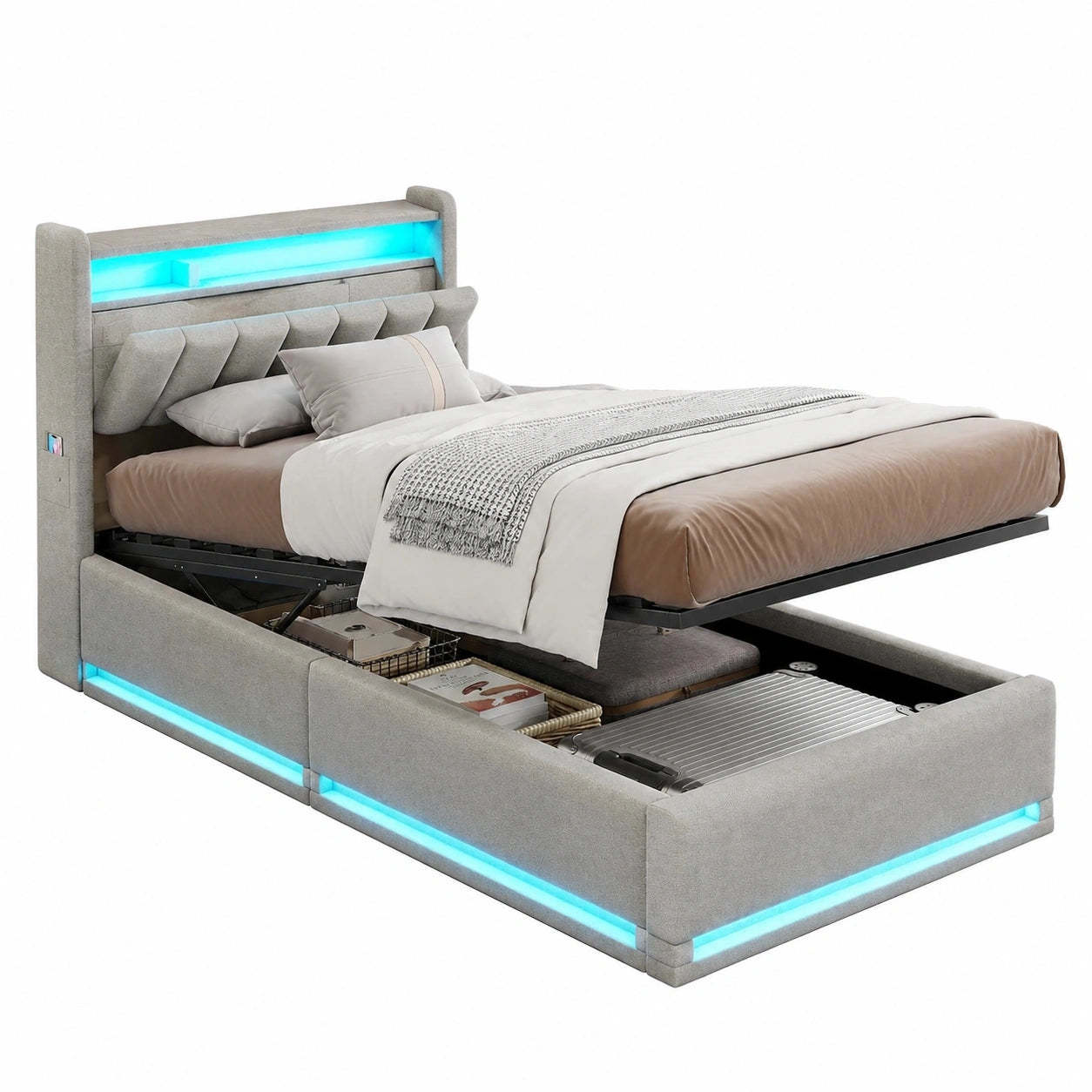 Jugend-Polsterbett 90x200 cm mit LED, Stauraum und USB, Samtstoff