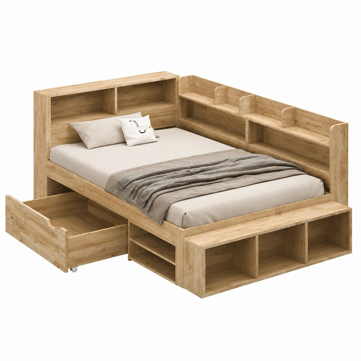 Multifunktionales Kinderbett 90x200 cm aus Holz mit Schubladen und Regal