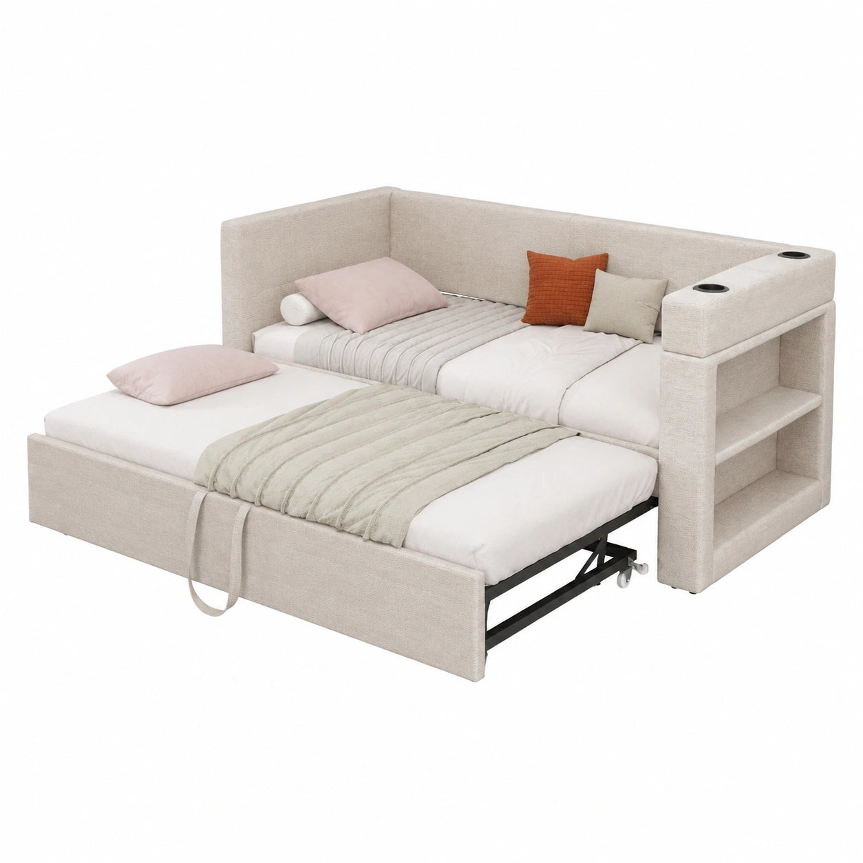 Multifunktionales Schlafsofa 90x190 cm mit USB-Ladeanschluss, Getränkehalter und Leinenbezug, Beige