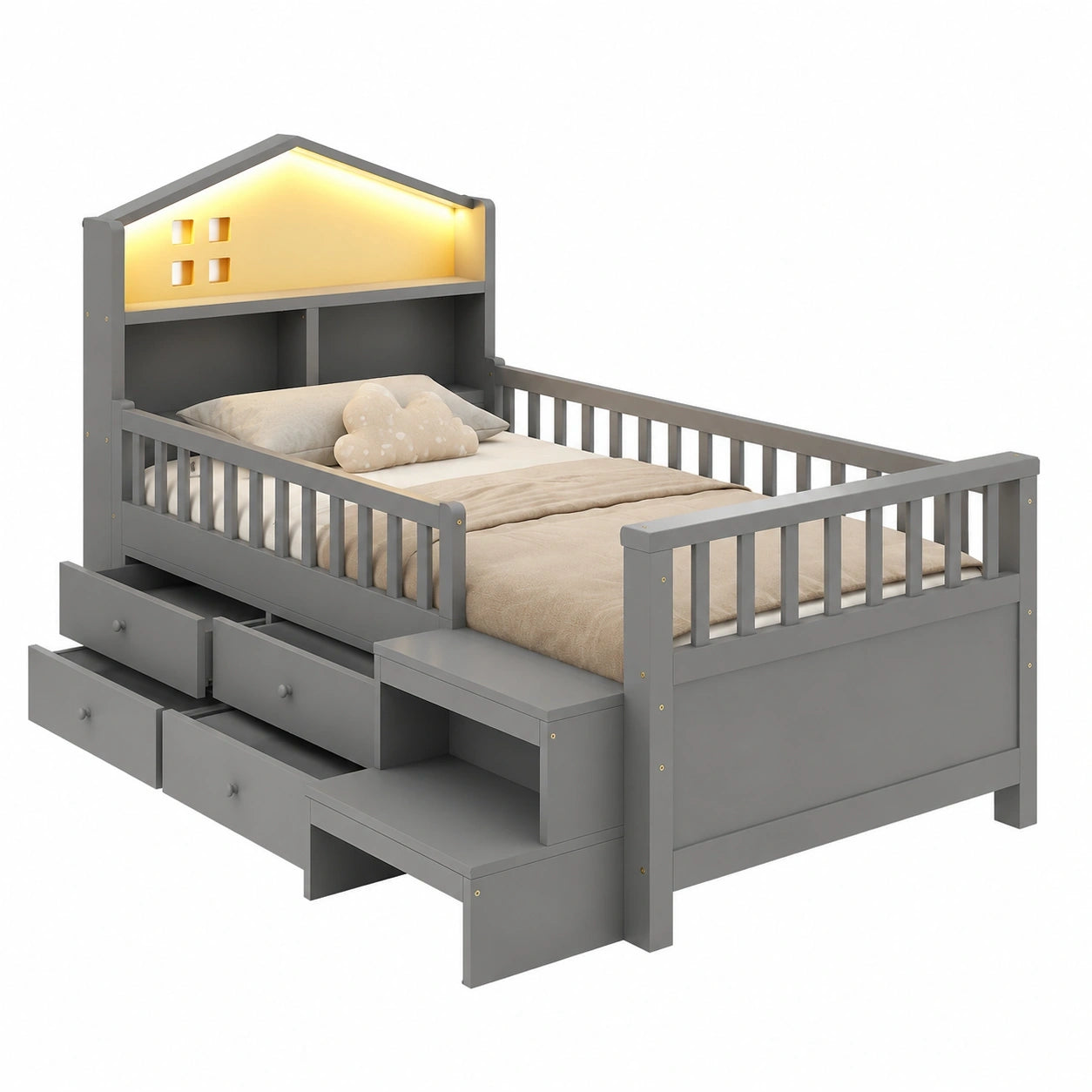 Massivholzbett für Kinder 90x200 cm, mit LED-Kopfteil, USB-C-Ladestation, 4 Schubladen, Treppe und Lattenrost, Grau